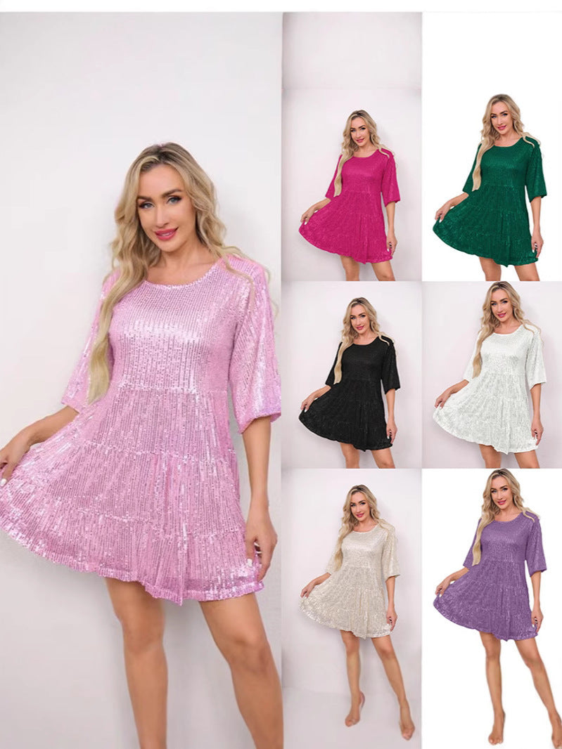 Fashion Solid Color Loose Waist Sleeves Sequins Shorts