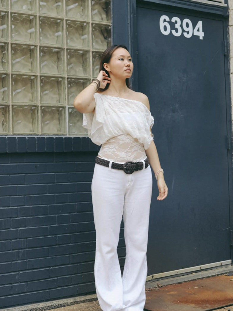 Trendy American Hot Button Diagonal Collar Women's T-shirt