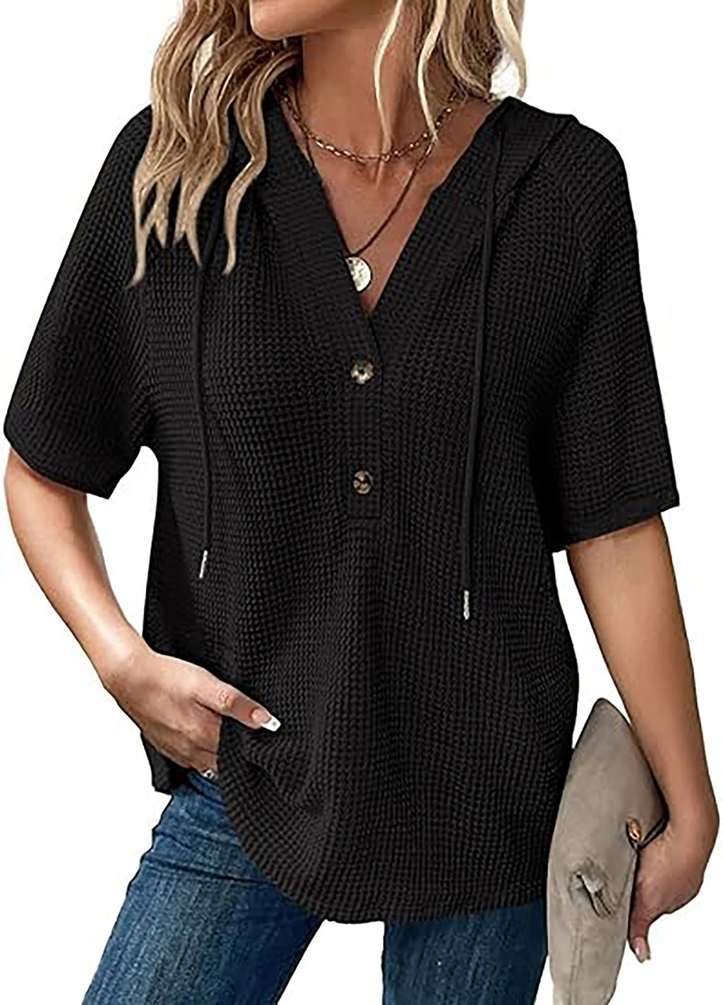 Women's Summer Waffle Knitted Short-sleeved Shirt Lightweight Drawstring Hoodie Blouse