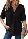 Women's Summer Waffle Knitted Short-sleeved Shirt Lightweight Drawstring Hoodie Blouse