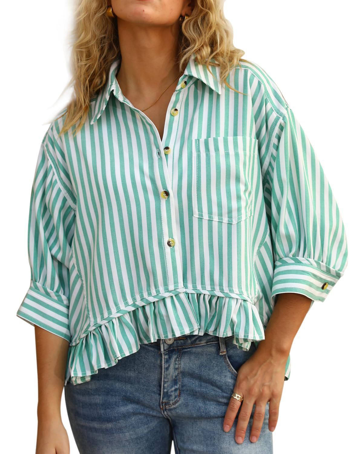 Women's Commuter Striped Lace Hem Loose Shirt Half Blouse
