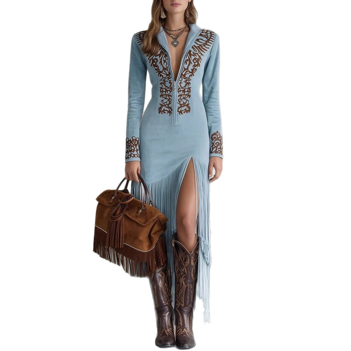 Women's Autumn Retro Ethnic Style Tassel Floral Zipper Skirts