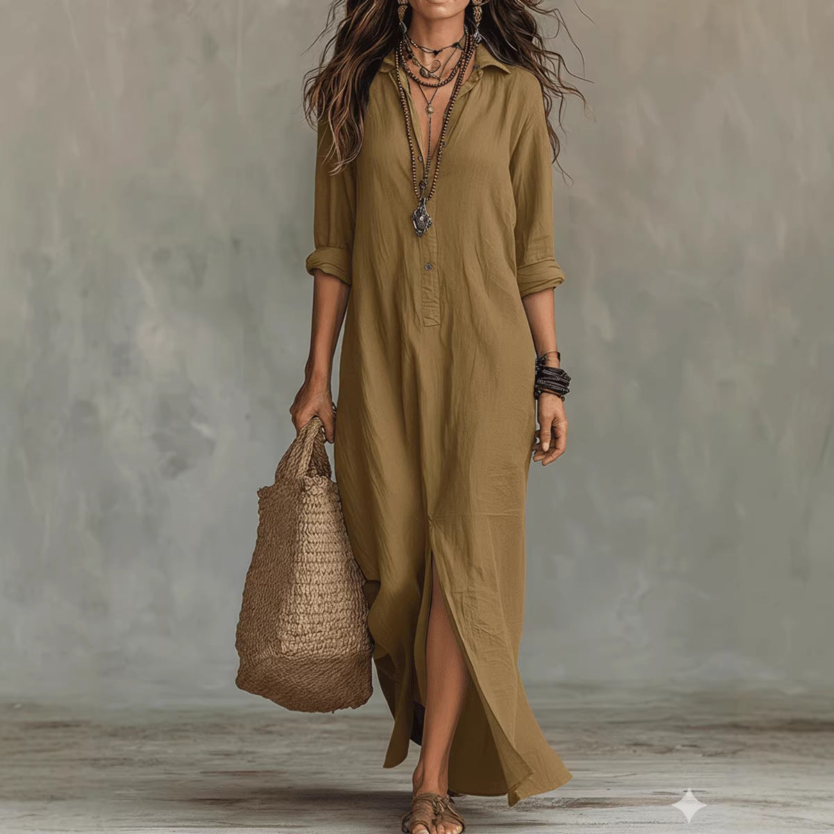 Casual Solid Color Polo Collar Front Dress