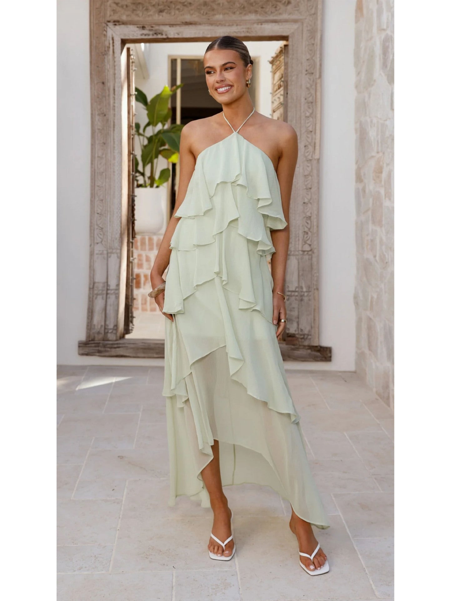 Ruffled Elegant Halter Solid Color Cake Dress