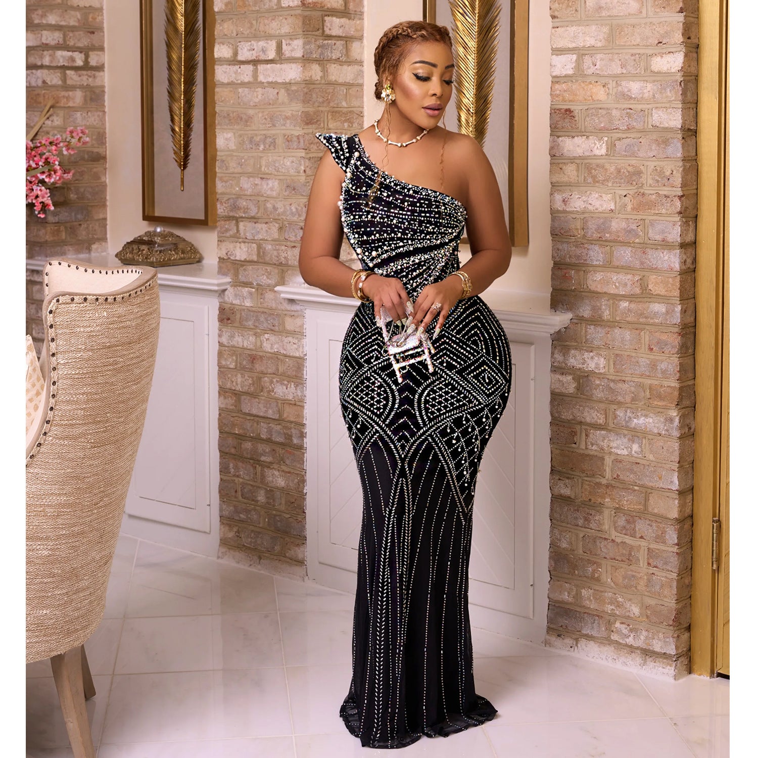 Women's Fashion Wear Solid Color Hot Drilling Dress
