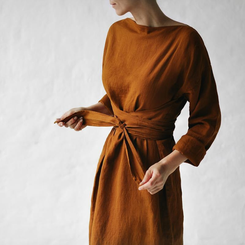 Cotton Linen Long Sleeve Off Shoulder Dress