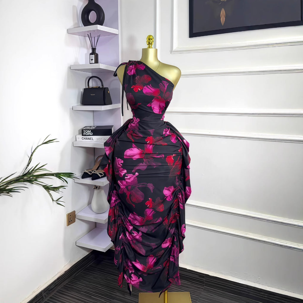 Women's Sleeveless Diagonal Collar Printed Tied Lotus Dress