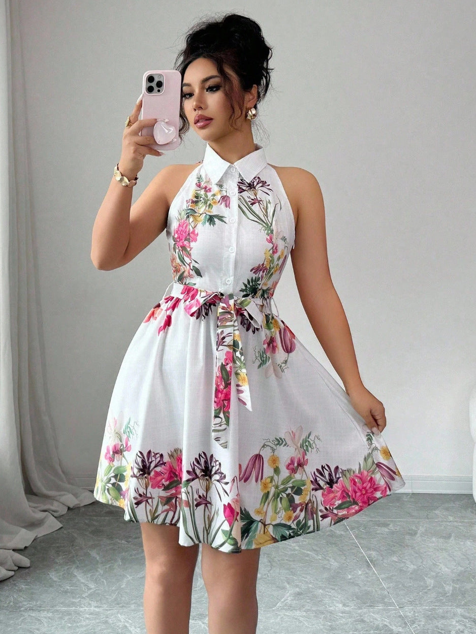 Stylish Fashion Charming Flower Print Halter Dress