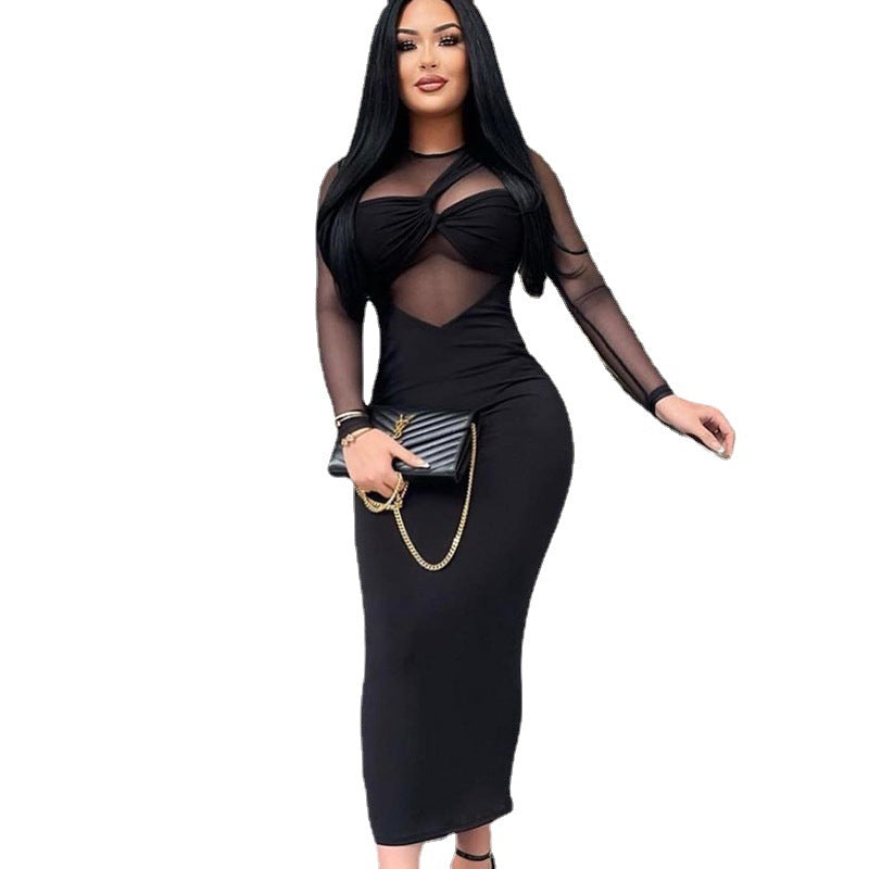 Women's Round Neck Mesh Stitching Long-sleeved Mid-length Dress