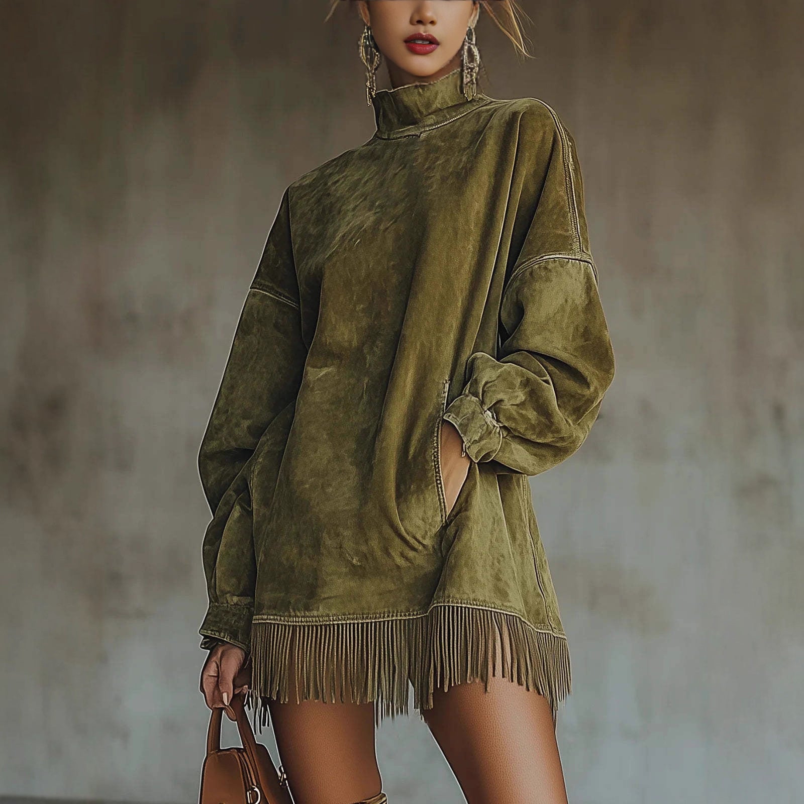 High Collar Loose Pocket Tassel Long Sleeve Dress