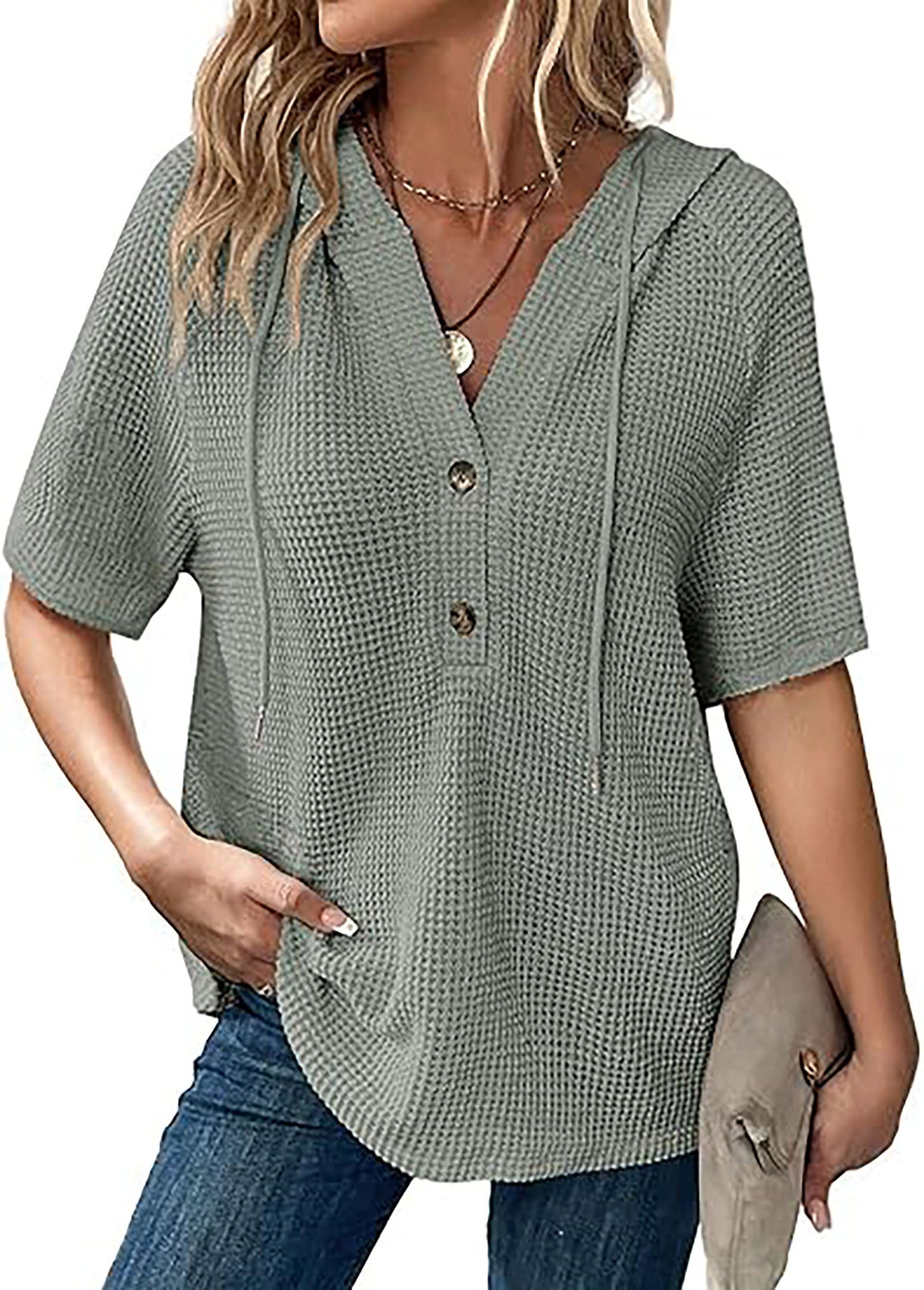 Women's Summer Waffle Knitted Short-sleeved Shirt Lightweight Drawstring Hoodie Blouse