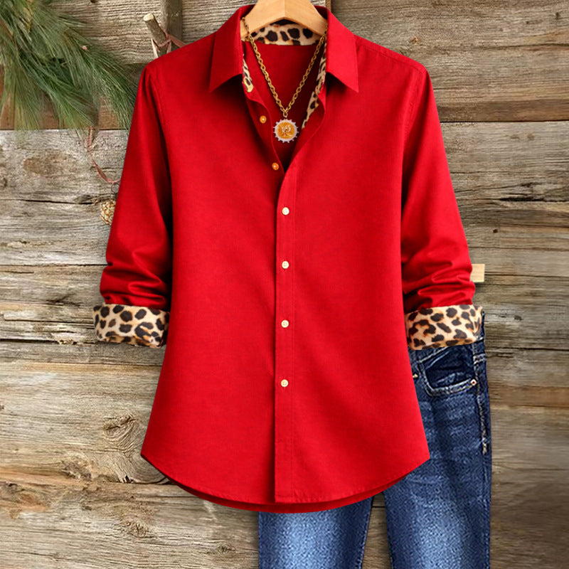 Women's Spring Solid Color Leopard Splicing Long Blouse