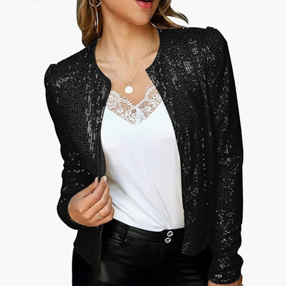 Women's Spring Fashion Stand Collar Color Matching Sequins Casual Versatile Coats
