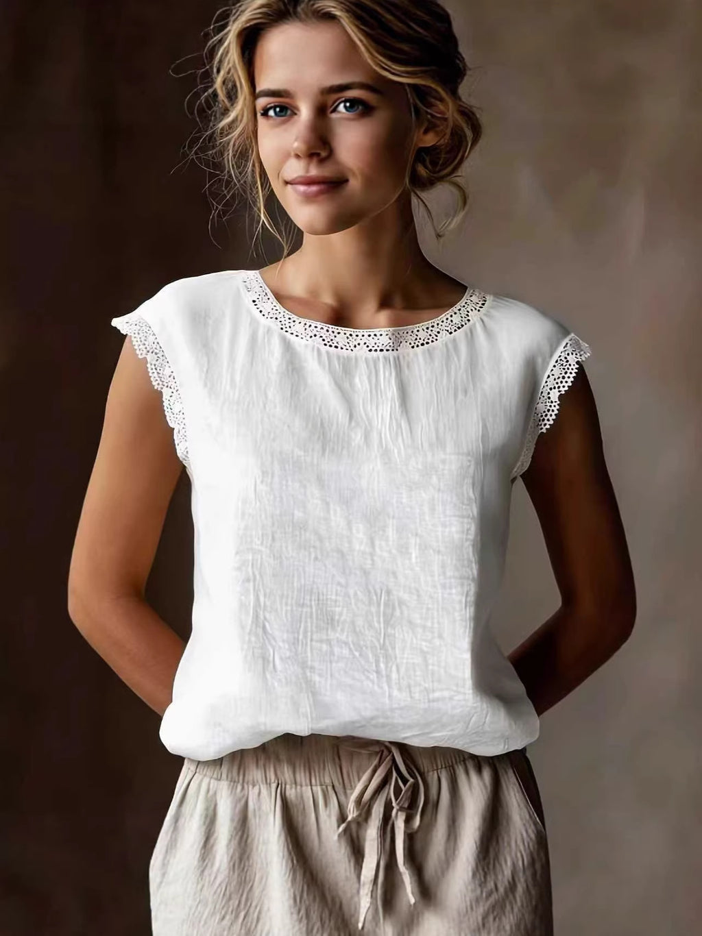 Women's Solid Color Round Neck Lace Stitching Sleeveless Linen Blouse