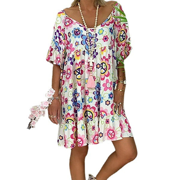 Women's Large Round Neck Sleeve Printed Dress