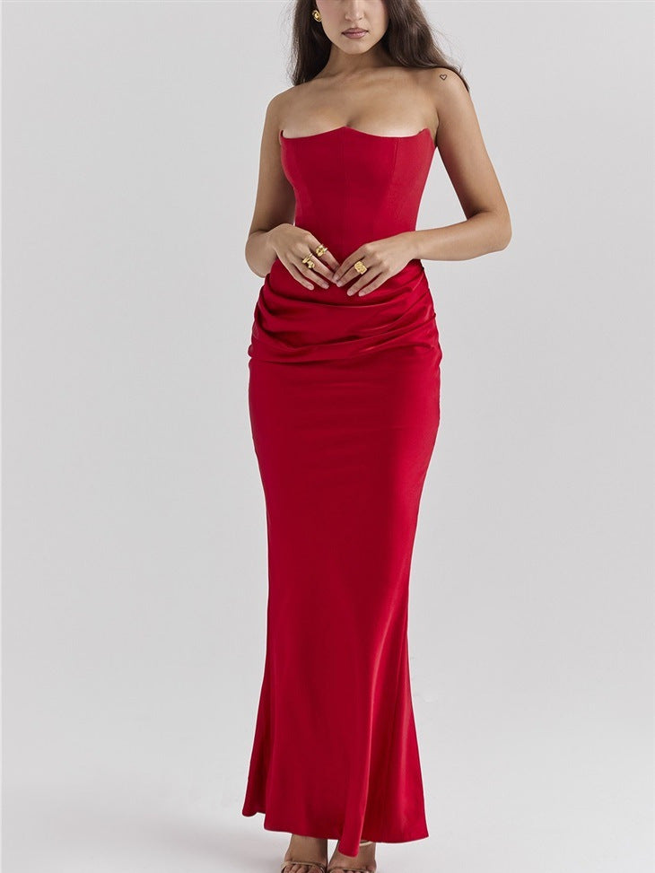 Waist Tube Fishbone Pleated Long Sheath Dress