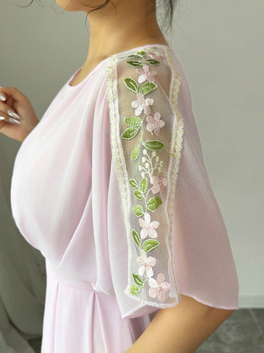 Women's Summer Elegant Exquisite Round Neck Chiffon One-piece Sleeve Pleated Waist Dress