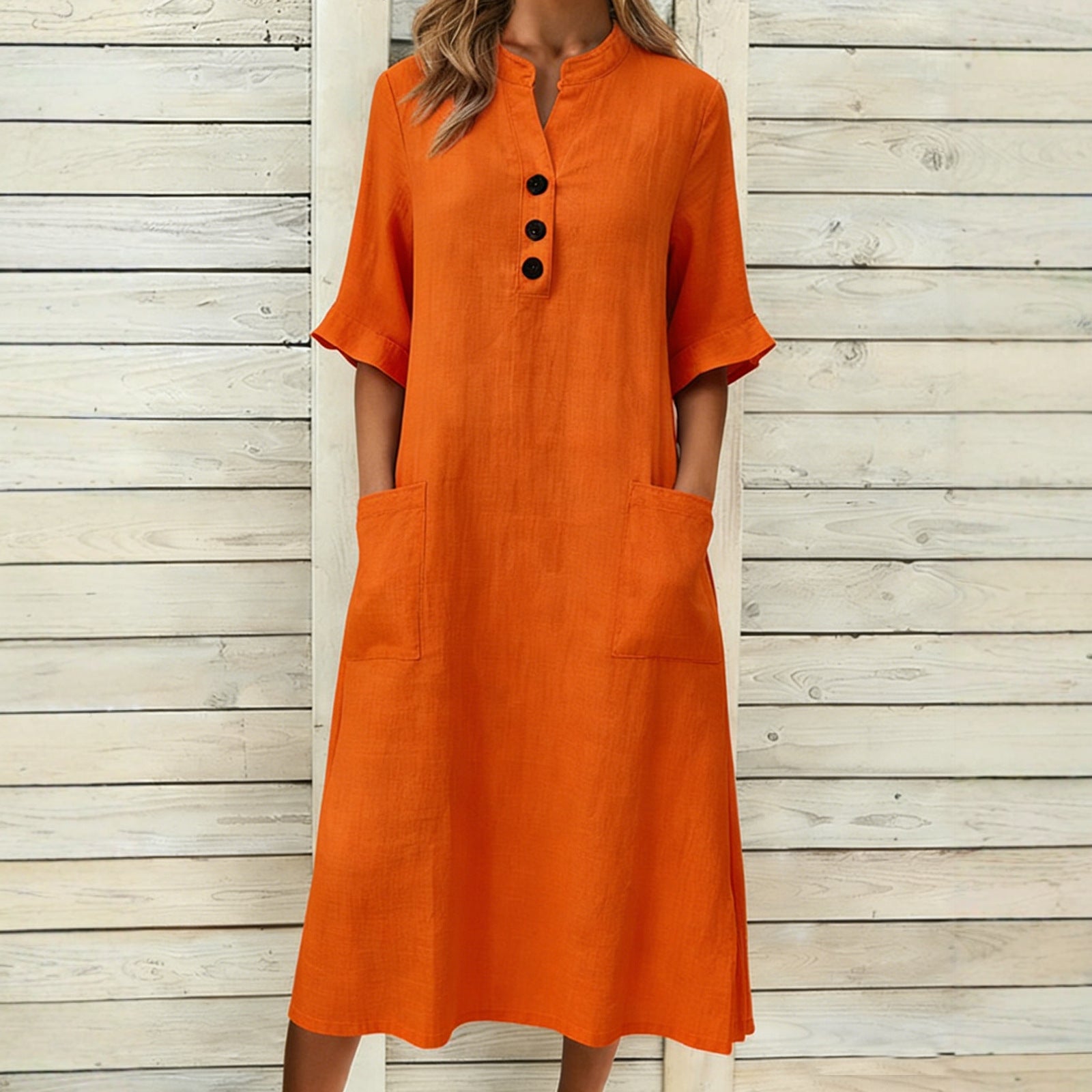 Cotton Linen Stand Collar Ornament Sleeve Dress