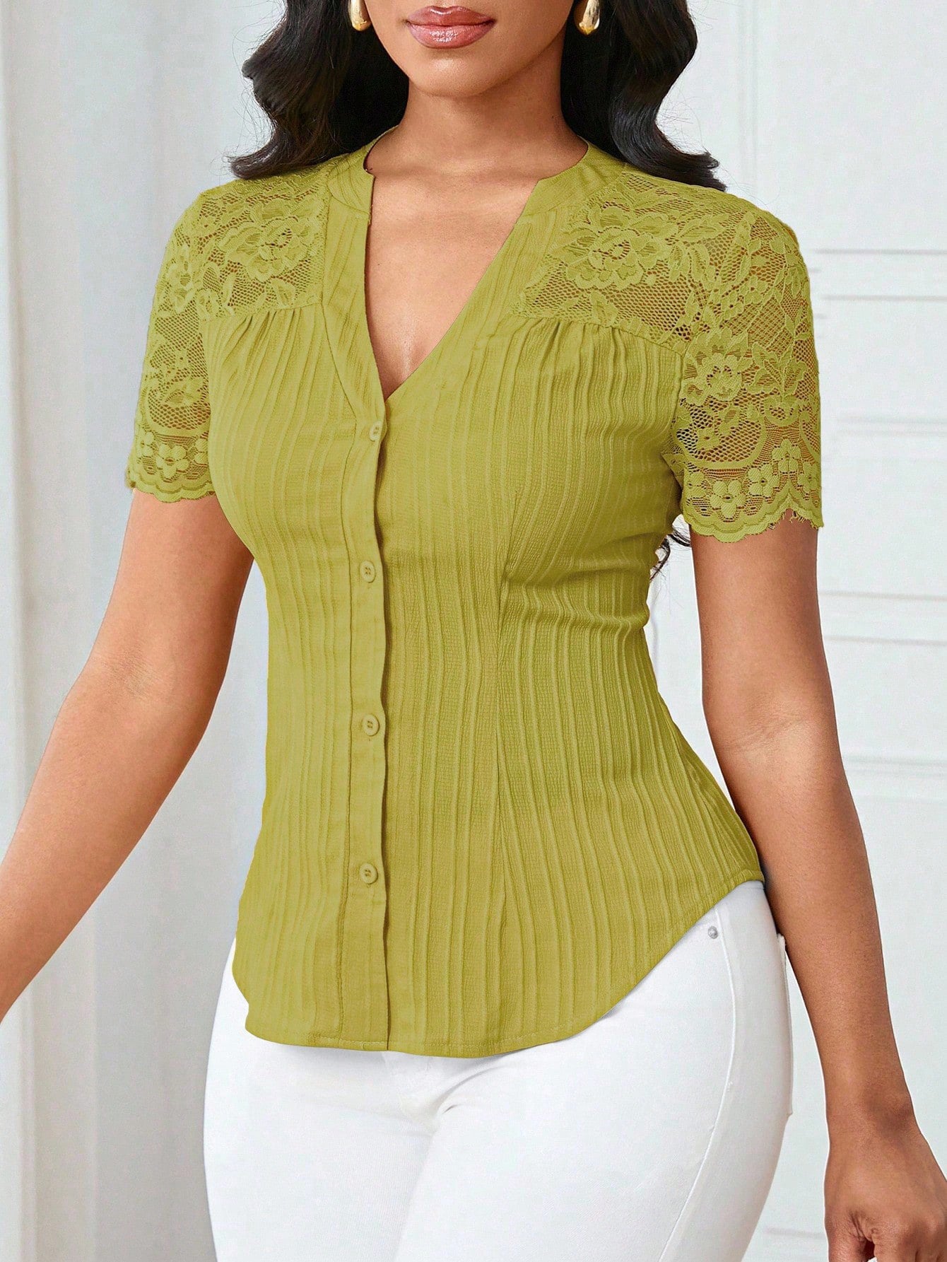 Women's Fashion Single-breasted Solid Color Embroidery Hollow Tops