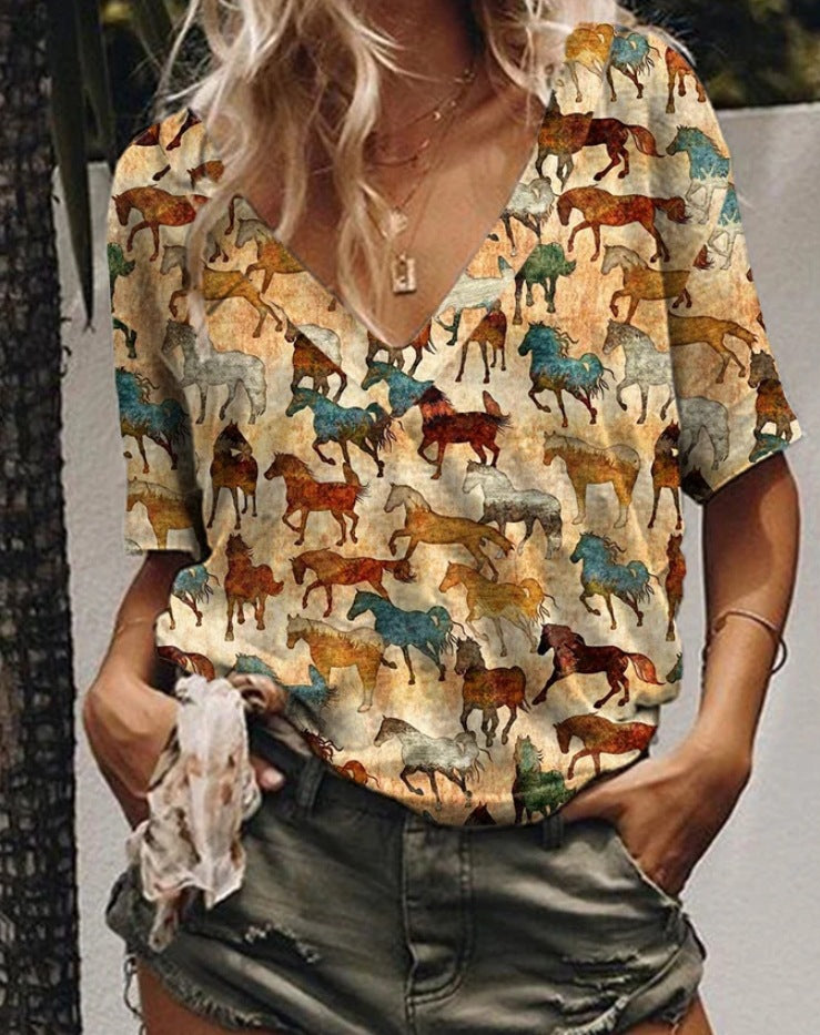 Women's Digital Printed Western Denim Short-sleeved Women's T-shirt