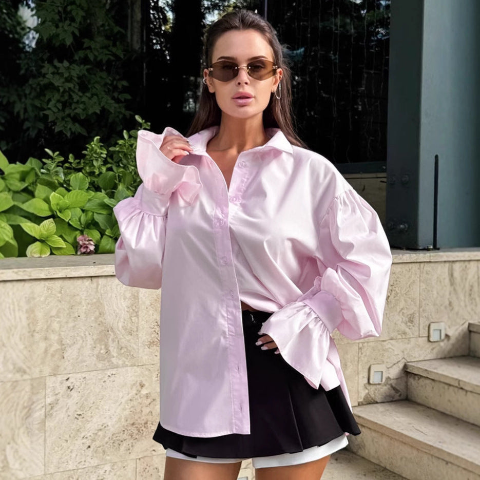 Women's Style Solid Color Polo Collar Loose Blouse