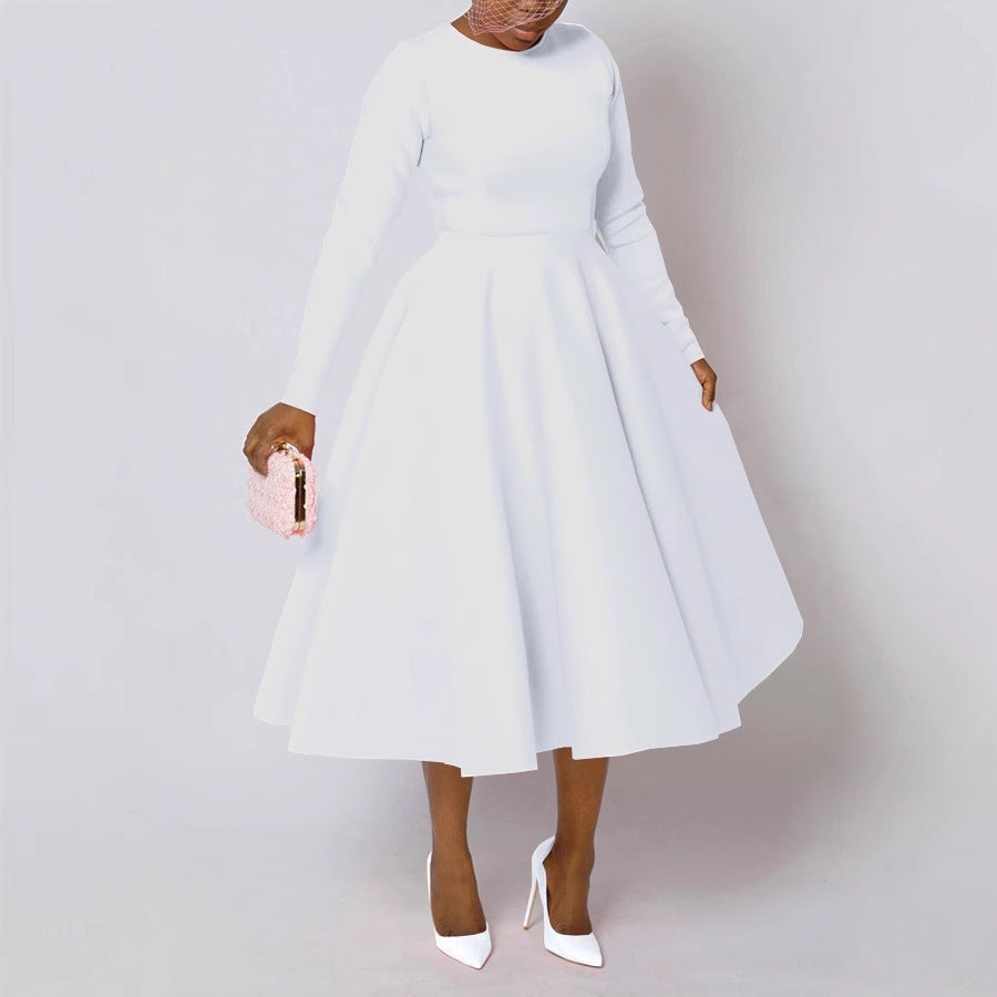 Women's Solid Color Round Neck Long Sleeve Flat Part Of Knife Dress