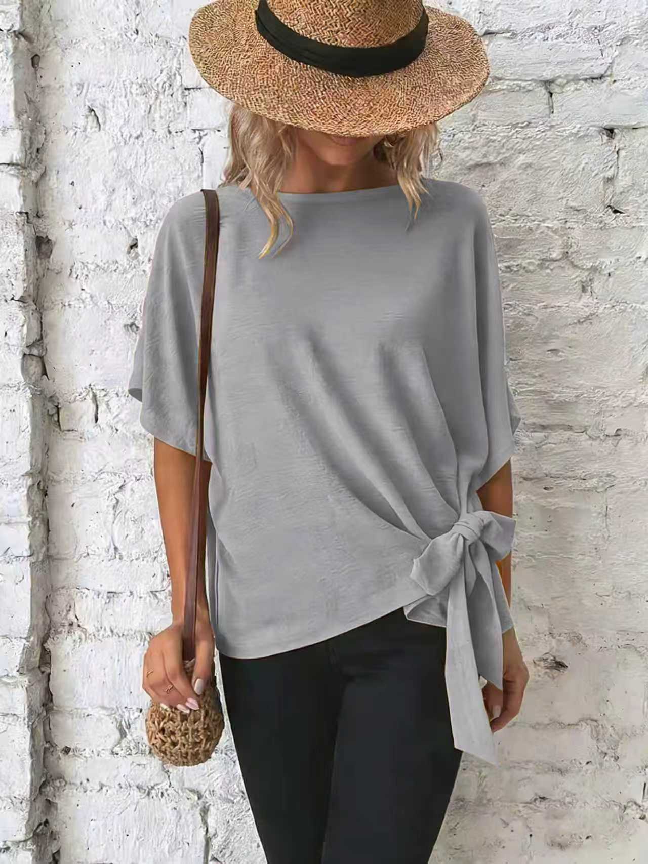 Women's Summer Solid Color Batwing Sleeve Knotted Women's T-shirt