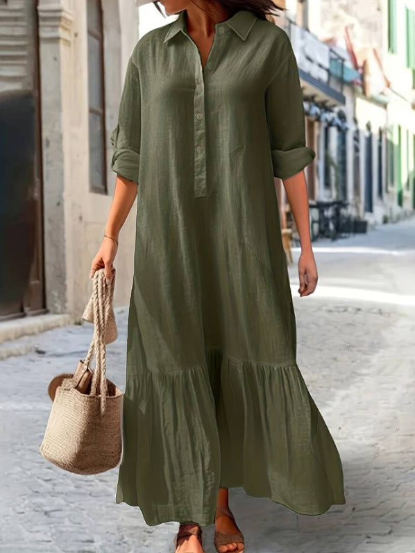 Cotton Linen Long Irregular Shirt Collar Skirts