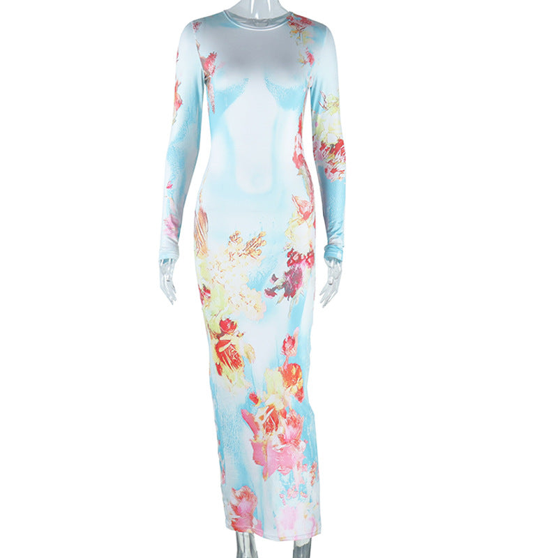 Women's Print Round Neck Pullover Long Sleeve Narrow Street Temperament Leisure Skirts