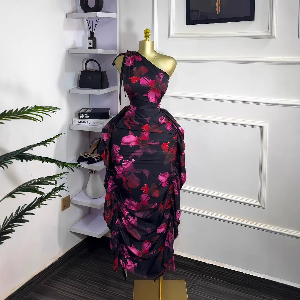 Women's Sleeveless Diagonal Collar Printed Tied Lotus Dress