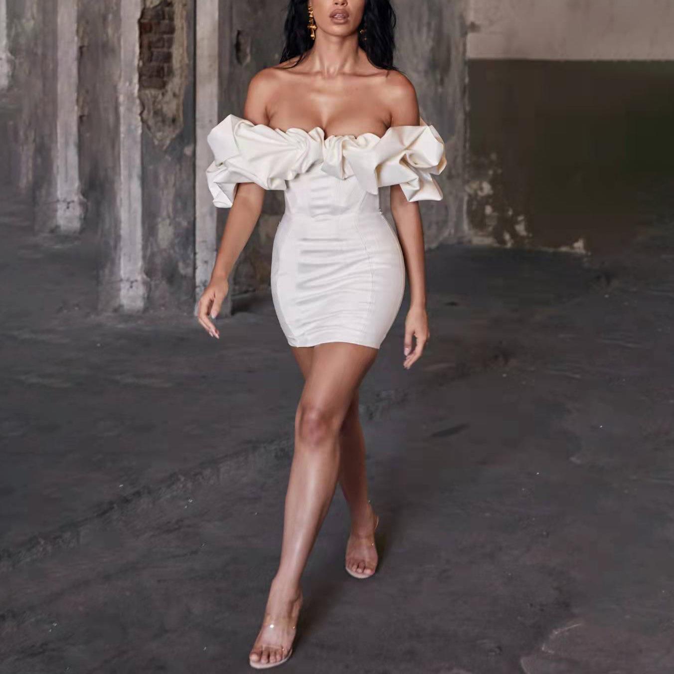 Popular Sexy Sheath Tube Fishbone Ruffled Dress