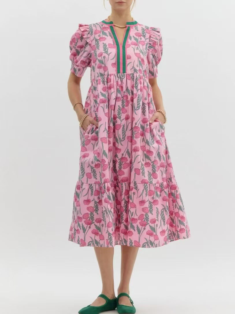 Rose Printed High Waist Puff Sleeve Dress
