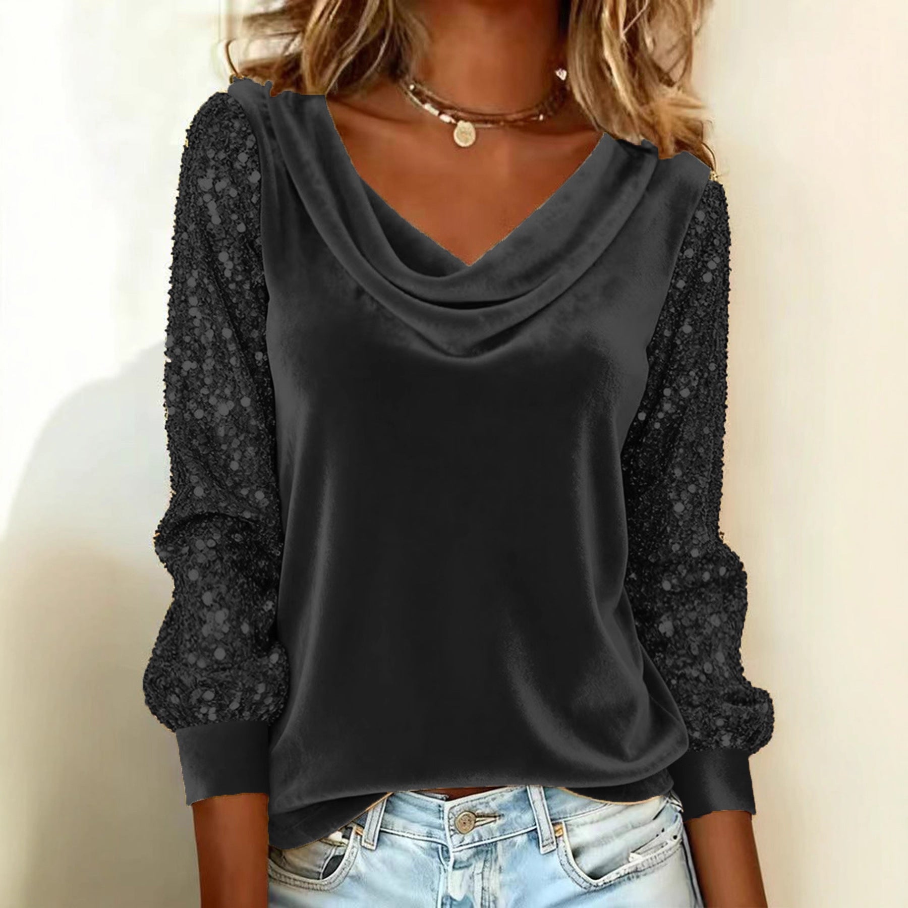 Women's Fashion Wear Veet Pile Collar Sequined Stitching Long Women's T-shirt