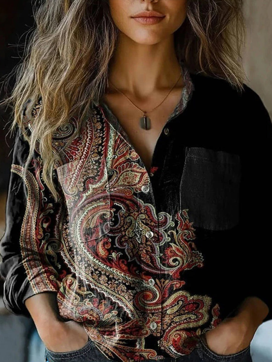 Women's Digital Printing Fashion Lapels Long Sleeve Blouse
