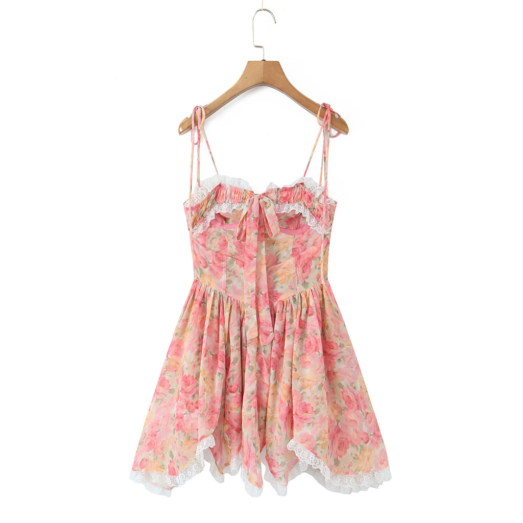 Women's Lace Irregular Flower Waist Trimming Spaghetti Dress