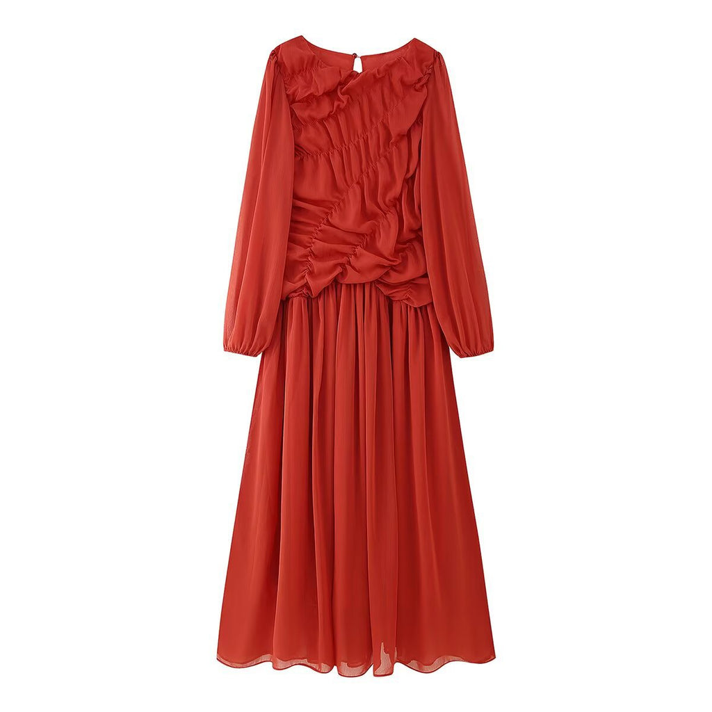 Slouchy Women's Long Sleeve Lath Pleated Dress