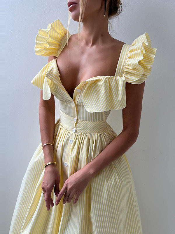 Flying Sleeves Striped Ruffled Long Summer Casual Style Dress