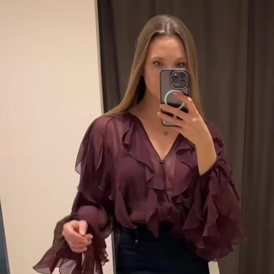Women's Collar Laminated Decoration Shirt Long Sleeve Blouse