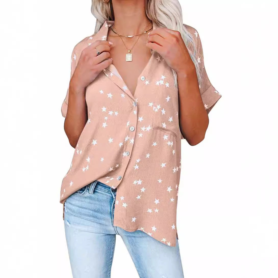 Women's Summer Printed Breasted Batwing Sleeve Blouse