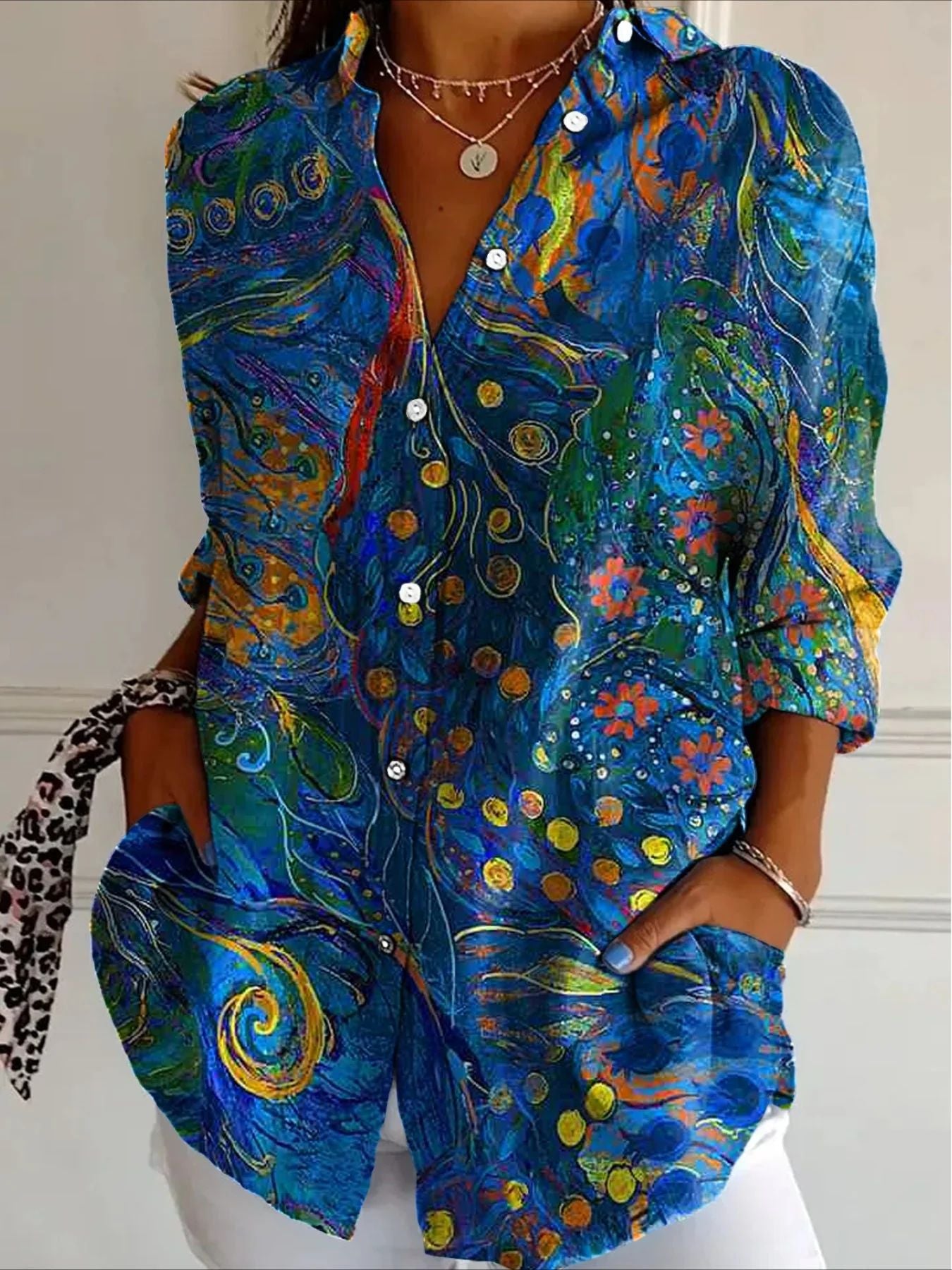 Women's Color Matching Printed Pattern Autumn Casual Loose Shirt Blouse