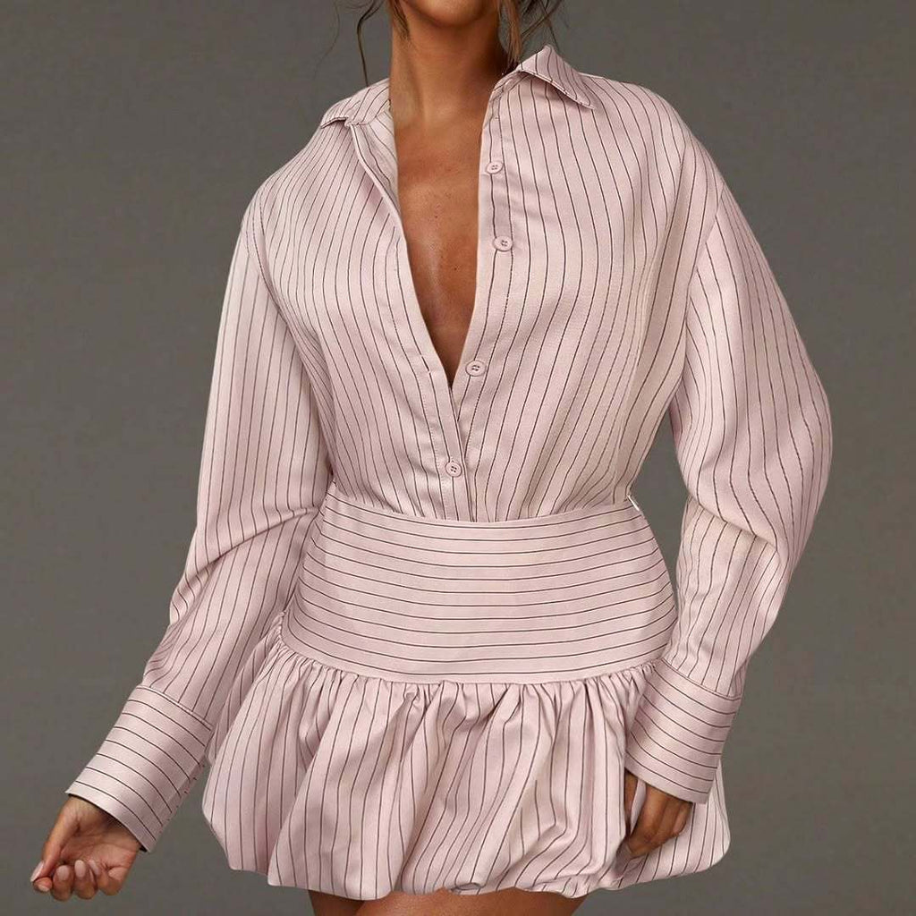 Women's Sweet Fresh Striped Long-sleeved Shirt High Waist Two Skirts