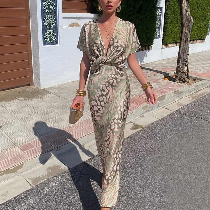 Women's Spring Fashion Knot Printed Sexy High Dress