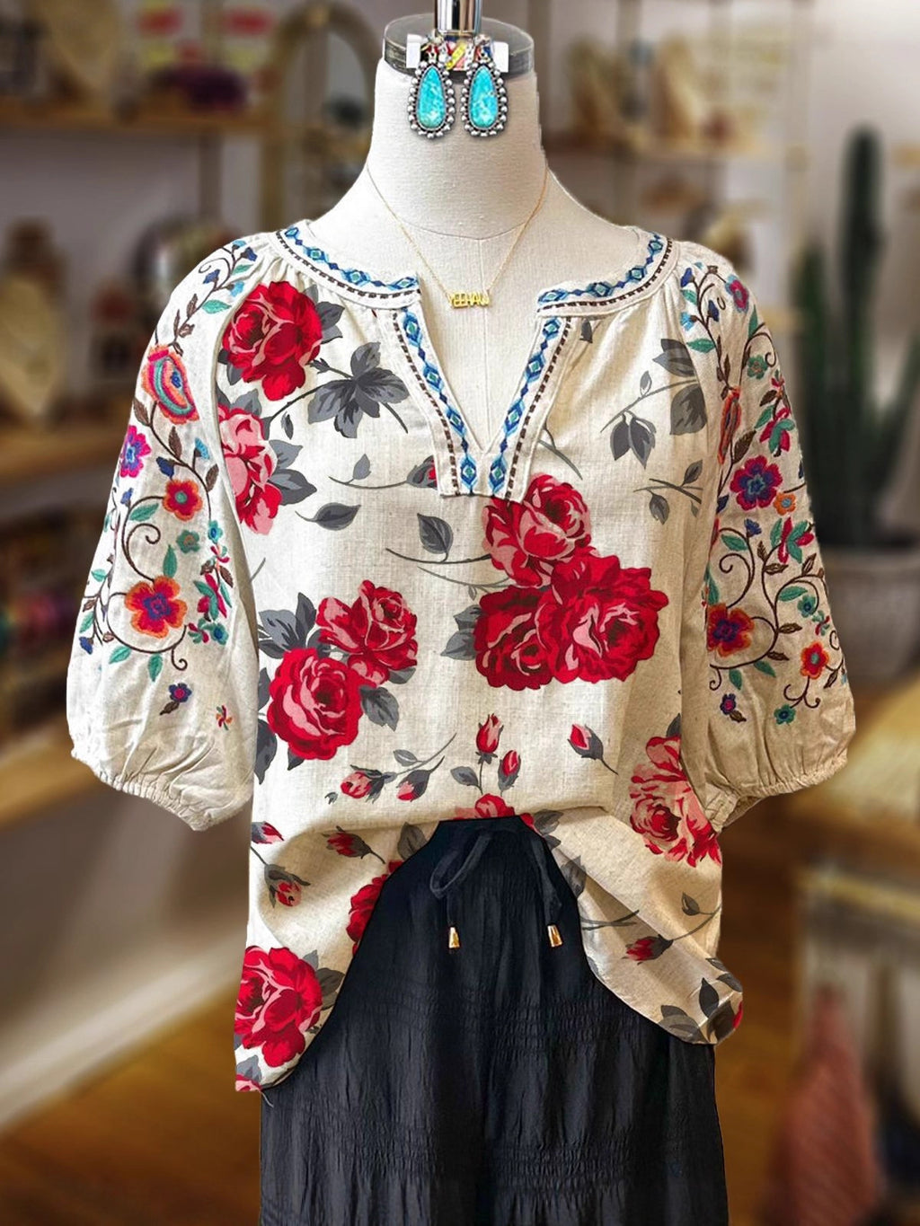 Women's Ethnic Retro Literary Flower Printing Loose Casual Daily Sleeve Blouse