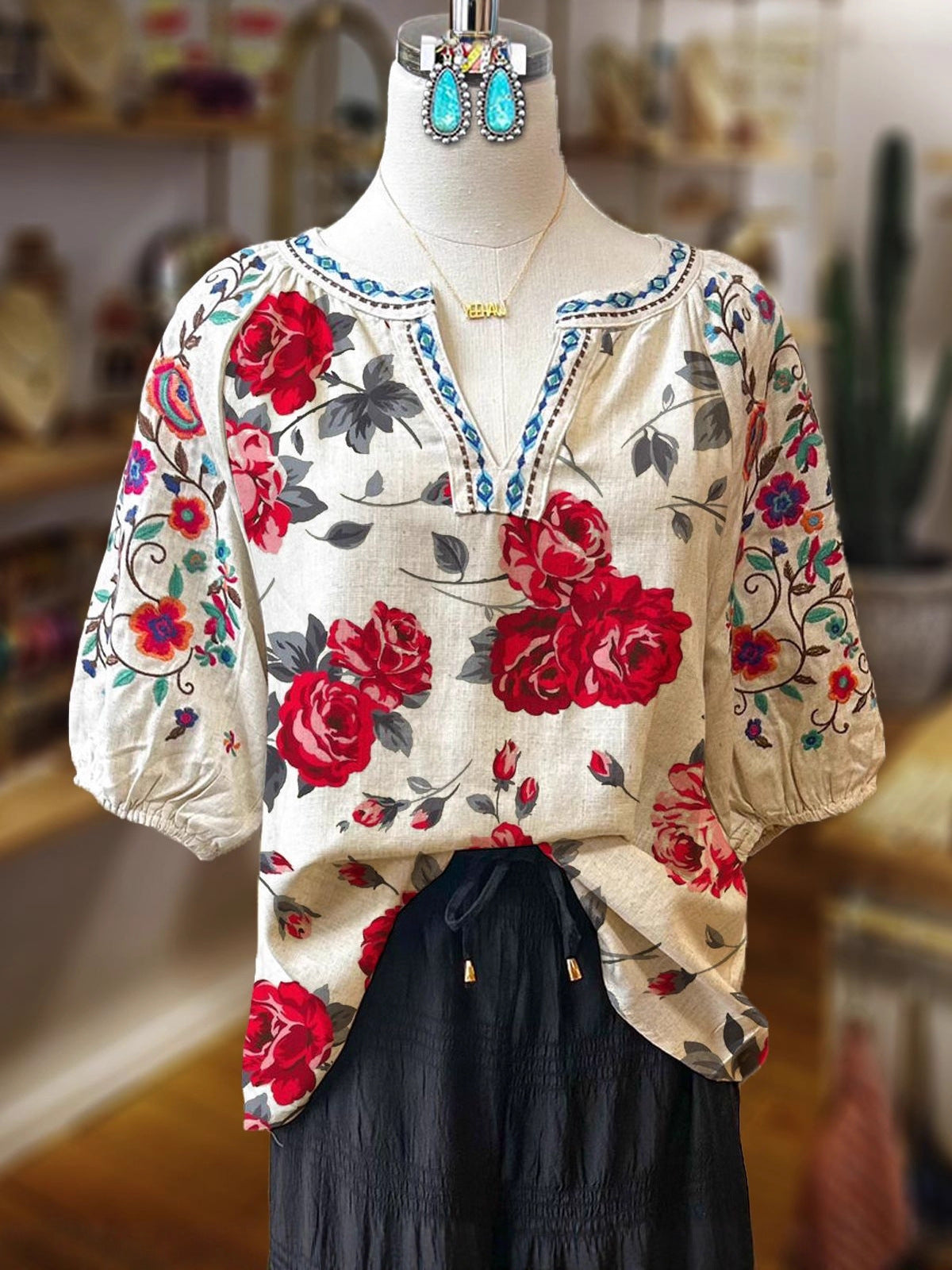 Women's Ethnic Retro Literary Flower Printing Loose Casual Daily Sleeve Blouse
