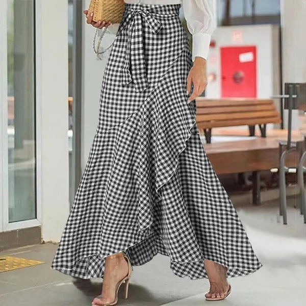 Women's Plaid Mermaid Ruffled Irregular Hem High Waist Casual Umbrella Skirts