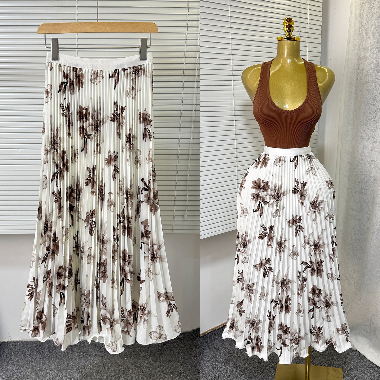Women's Retro Printed High Waist A- Line Mid-length Pleated Large Hem Skirt
