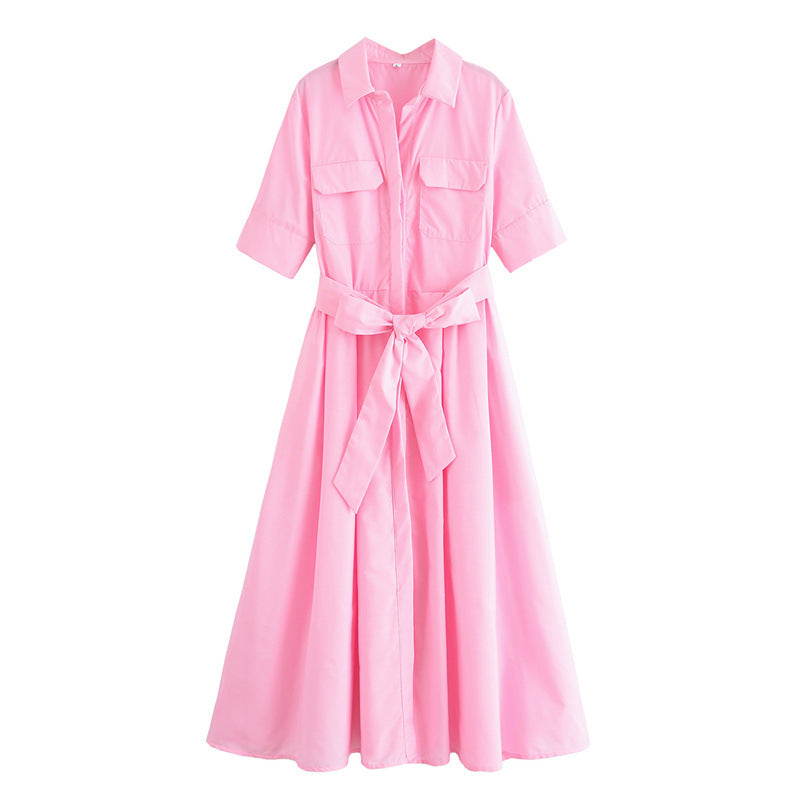 Fashion Polo Collar Single-breasted With Belt Shirt Dress