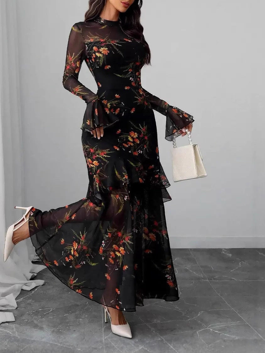 Printed Black Ruffle Sleeve Plant Flower Print Niche Female Dress