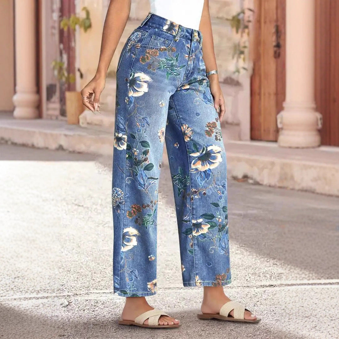 Pattern Straight High Waist Vintage Random Print Loose Jeans