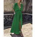Deep V Sexy Elastic Waisted Half Sleeve Split Dress